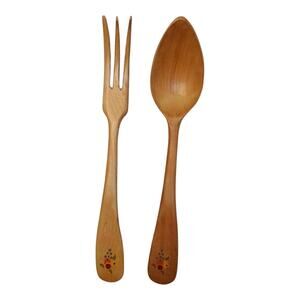 Vintage Wooden Serving Hand Painted Vegetables Utensils Fork Spoon Salad Set